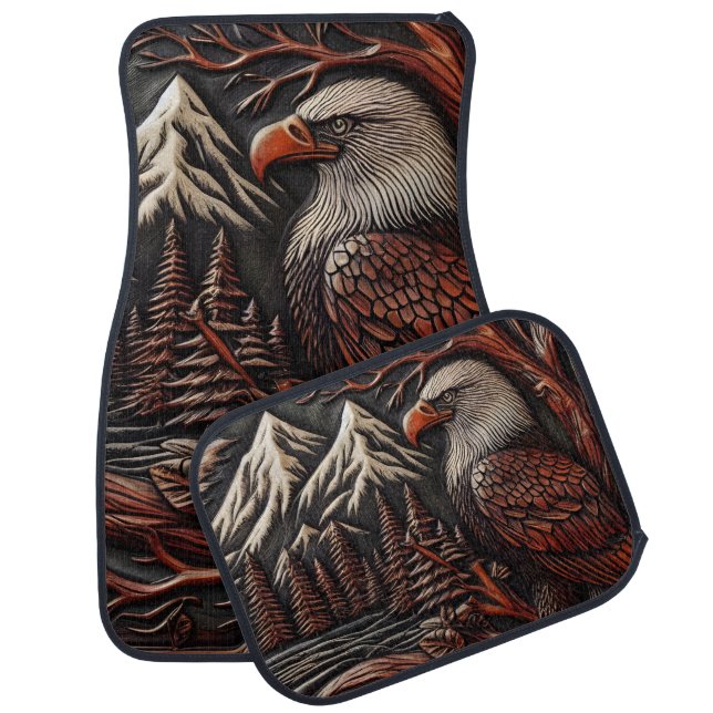 Eagle Carving With Mountain Backdrop Car Floor Mat (Set)