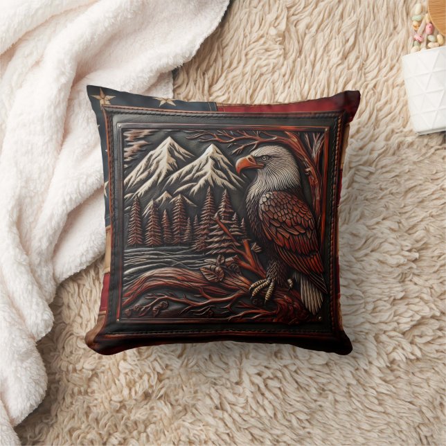 Eagle Carving With Mountain Backdrop Throw Pillow (Blanket)