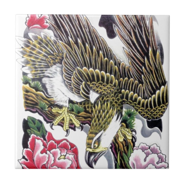 Eagle & Chrysanthemum tattoo design Ceramic Tile (Front)