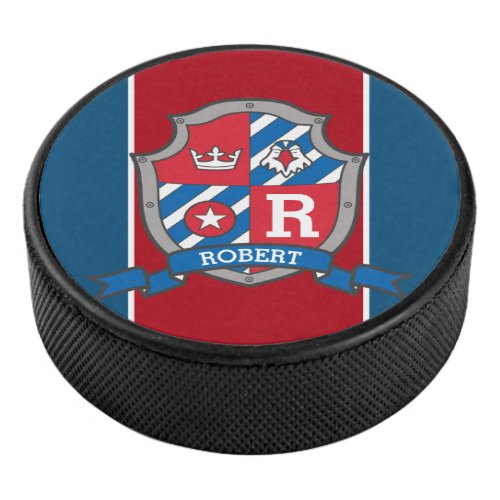 Eagle crest custom name red blue monogrammed hockey puck
