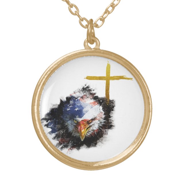 *~* Eagle Cross Patriot USA Flag AP16 Christian Gold Plated Necklace (Front)