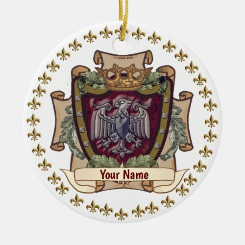 Eagle Crown Banner  Surname Family Crest Ceramic Ornament