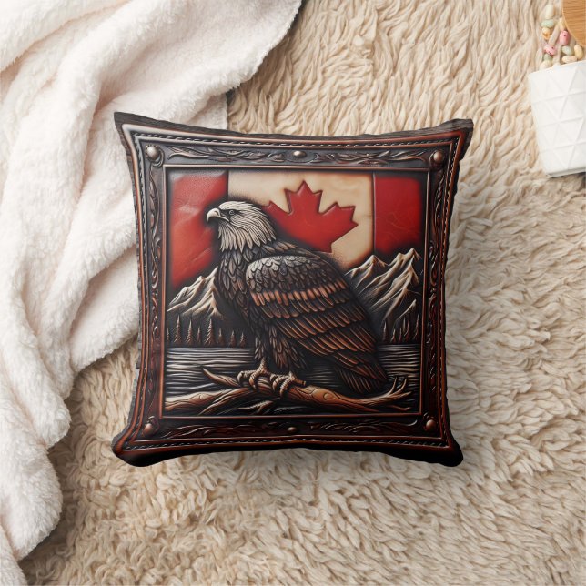 Eagle Emblem on Canadian Flag With Mountains Throw Pillow (Blanket)
