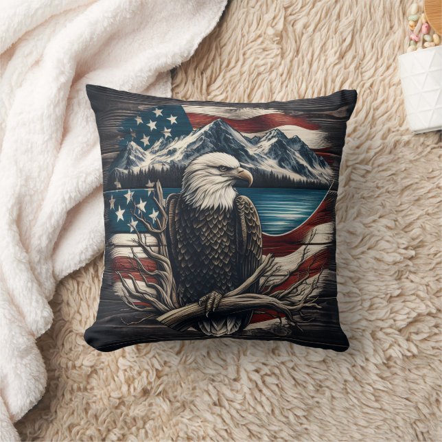 Eagle Emblem Over Mountain and American Flag Throw Pillow (Blanket)