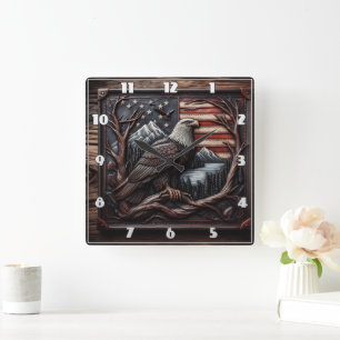 Eagle Emblem With American Flag Design Square Wall Clock