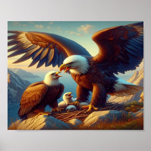 Eagle Family Nesting Atop a Cliff During 10x8 Poster