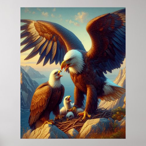 Eagle Family Nesting Atop a Cliff During 16x20 Poster