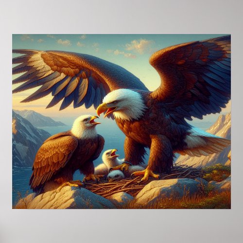 Eagle Family Nesting Atop a Cliff During 20x16 Poster
