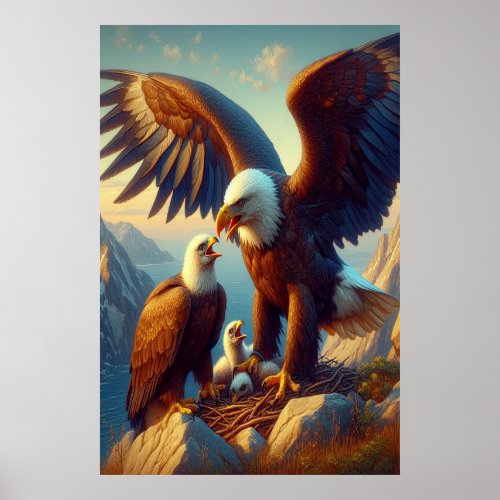 Eagle Family Nesting Atop a Cliff During 24x36 Poster