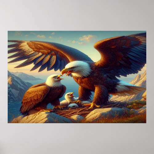 Eagle Family Nesting Atop a Cliff During 36x24 Poster