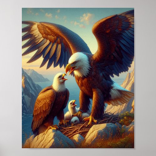 Eagle Family Nesting Atop a Cliff During 8x10 Poster