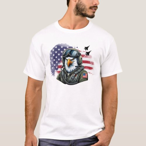 Eagle Fighter Pilot With F_15 Jets and Flag T_Shirt