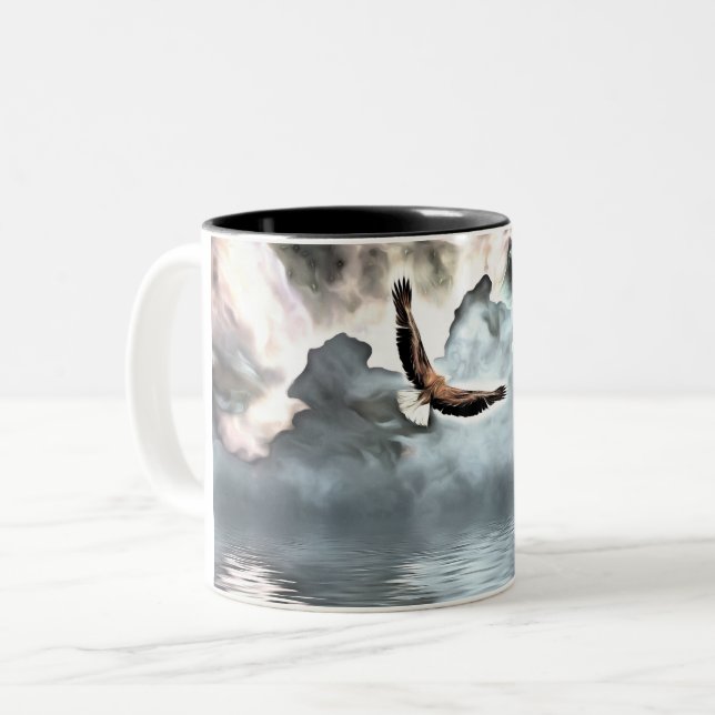 Eagle flies above water surface Two-Tone coffee mug (Front Left)