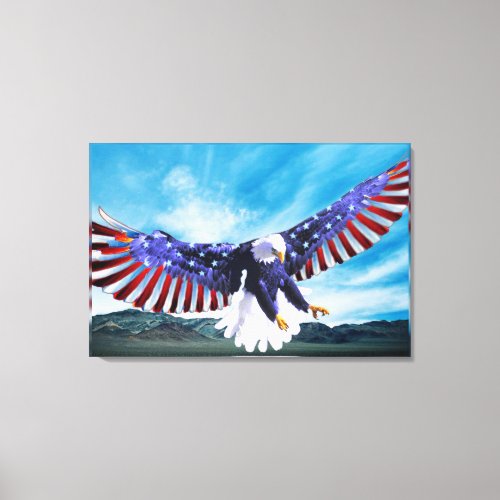 Eagle flying in the sky with a American flag Canvas Print