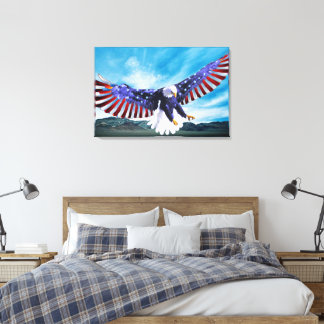 Eagle flying in the sky with a American flag Canvas Print