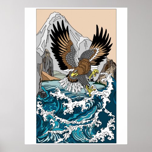 Eagle Flying Low Over Stormy Sea Poster
