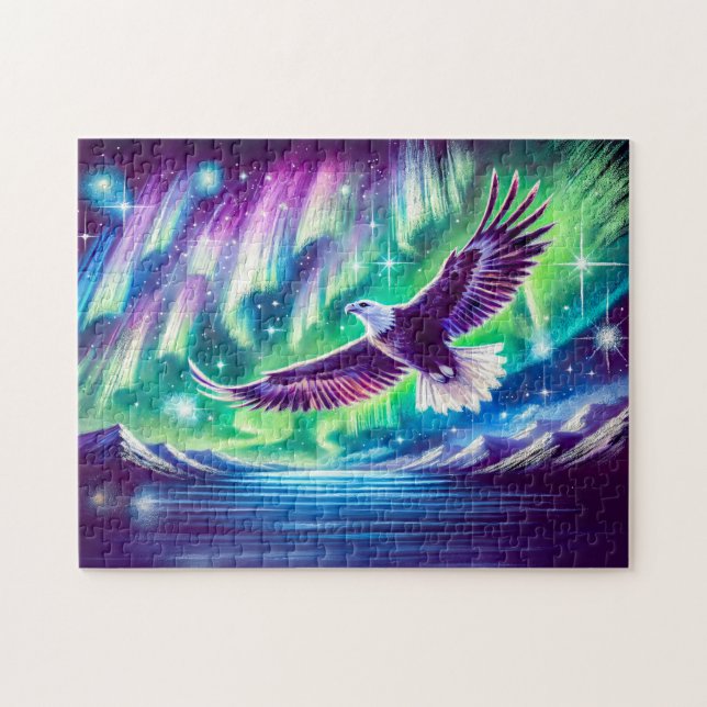 Eagle Flying Over Mountain Lake Northern Lights Jigsaw Puzzle (Horizontal)