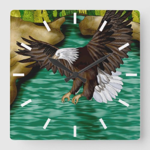 Eagle Flying over River and Mountains Square Wall Clock