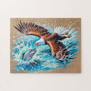 Eagle Flying Over River Hunting for Salmon Pastel Jigsaw Puzzle