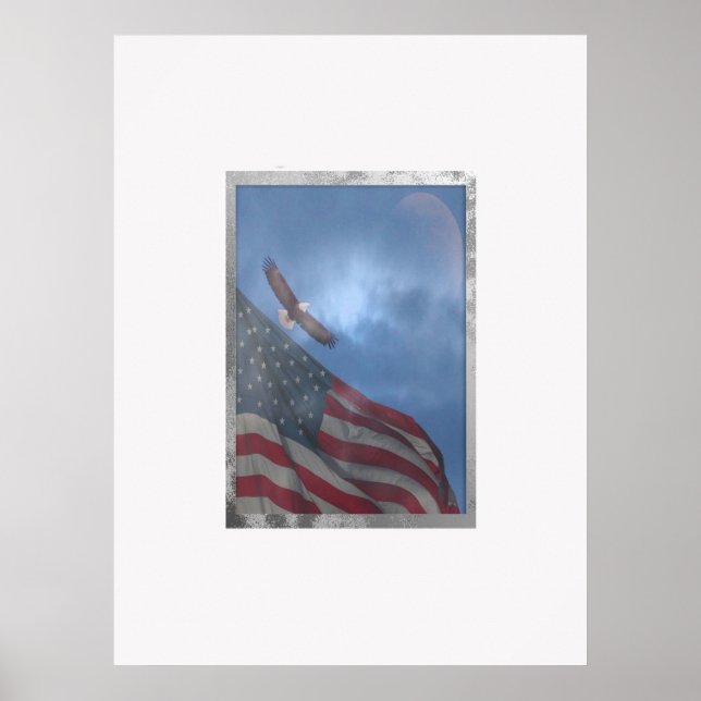 Eagle Flying with Moon and American Flag Poster (Front)