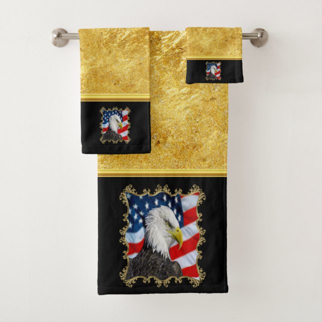 Eagle head  and a American flag gold foil design Bath Towel Set (Insitu)