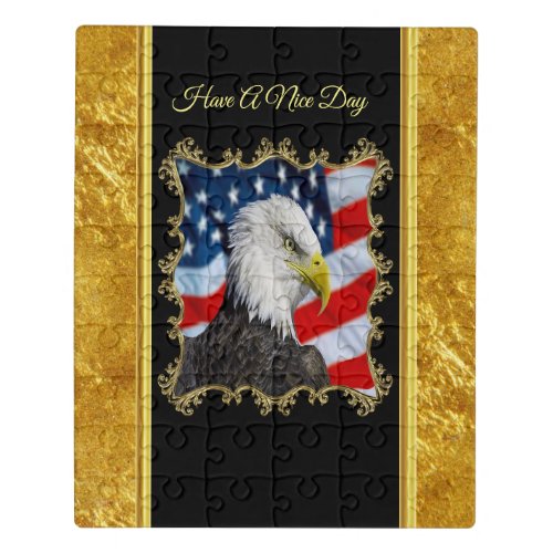 Eagle head  and a American flag gold foil design Jigsaw Puzzle