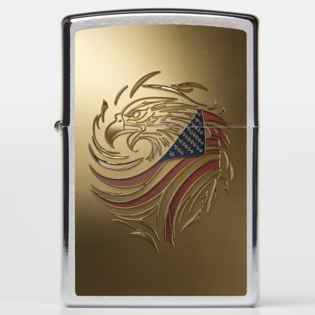 Eagle Head and American Flag Gold Embossed Zippo Lighter (Front)