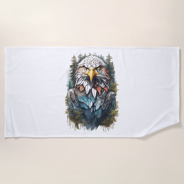 Eagle Head in Forest Beach Towel (Front)