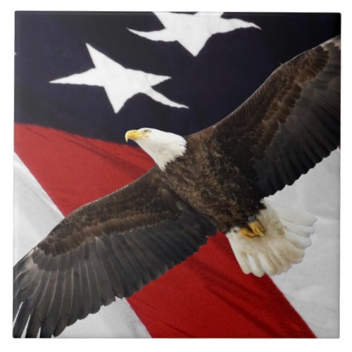 Eagle In Flight Over American Flag Ceramic Tile
