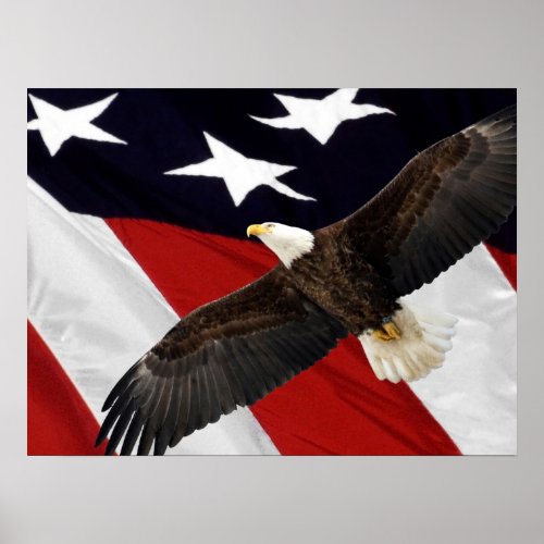 Eagle In Flight Over American Flag Poster