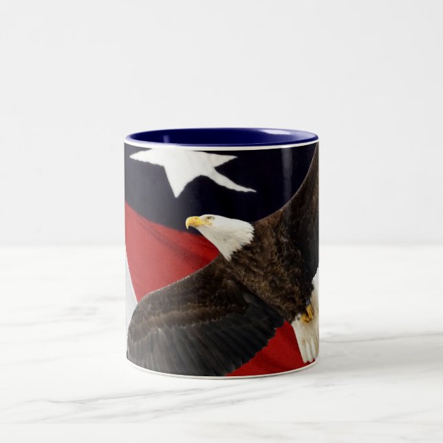 Eagle In Flight Over American Flag Two-Tone Coffee Mug (Center)