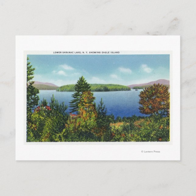 Eagle Island and Lower Saranac Lake View Postcard (Front)