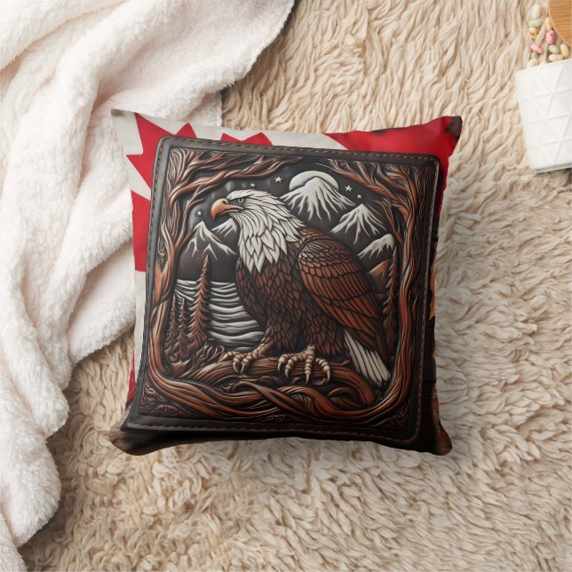 Eagle Leather Carving With Canadian Flair Throw Pillow (Blanket)