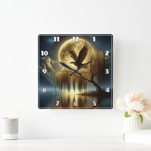 Eagle Majestically Perched on Tree Branch at Night Square Wall Clock