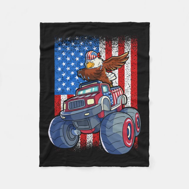 Eagle Monster Truck 4th Of July Boys American Flag Fleece Blanket (Front)