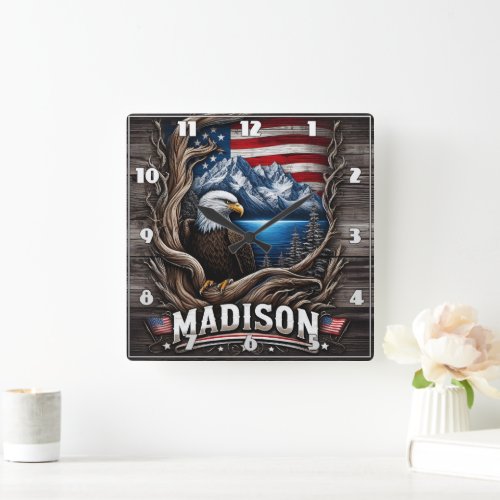 Eagle Nestled Amidst Mountains and American Flag Square Wall Clock