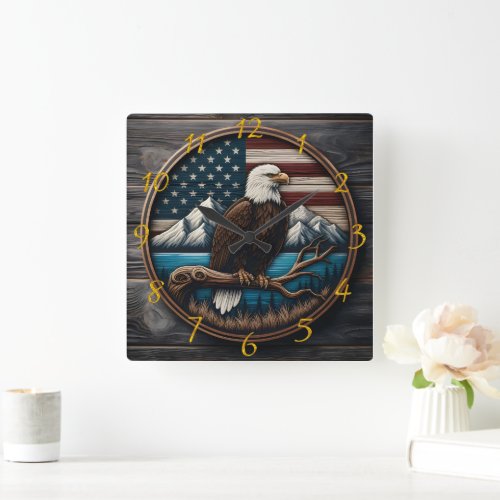 Eagle on Branch American Flag  Square Wall Clock