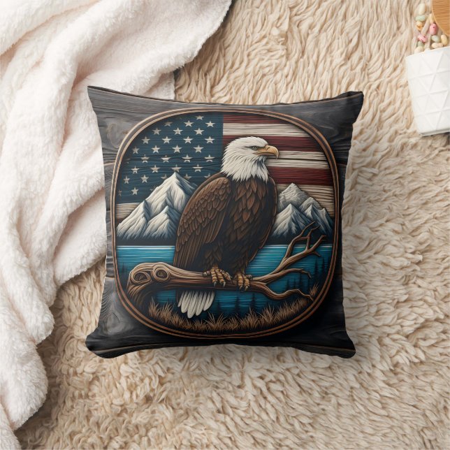 Eagle on Branch, American Flag  Throw Pillow (Blanket)