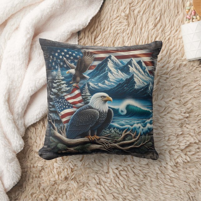 Eagle on Branch in Mountain View Throw Pillow (Blanket)