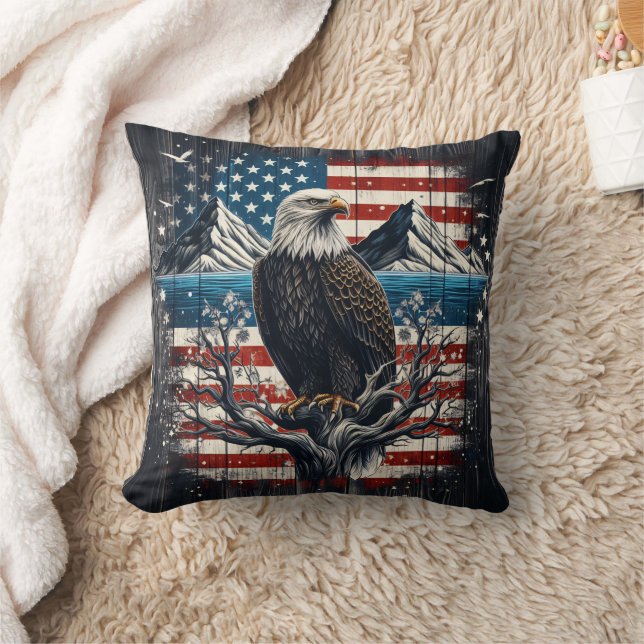 Eagle on Branch With American Flag Throw Pillow (Blanket)