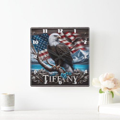 Eagle on Branch With Flag Background Square Wall Clock