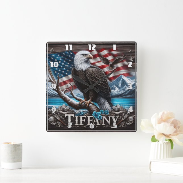 'Eagle on Branch With Flag Background' Square Wall Clock (Home)