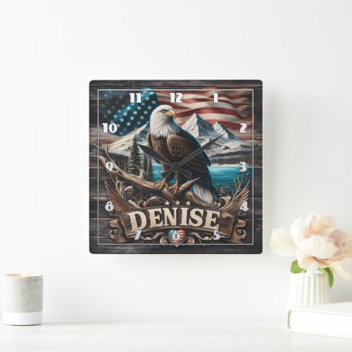 Eagle on Branch With Flag Background Square Wall Clock