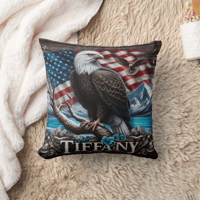 'Eagle on Branch With Flag Background' Throw Pillow (Blanket)