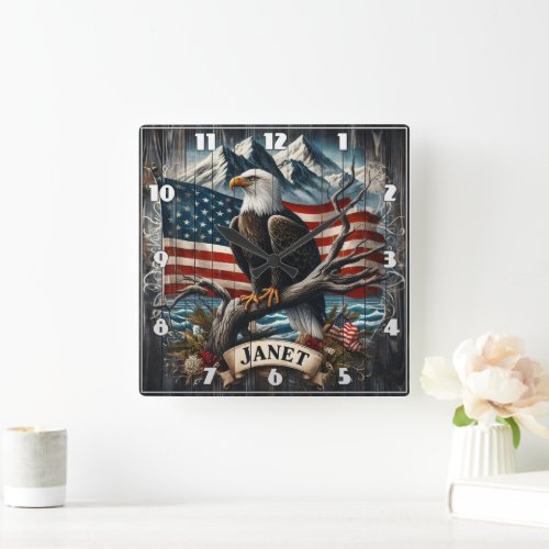 Eagle on Branch With Flag Square Wall Clock