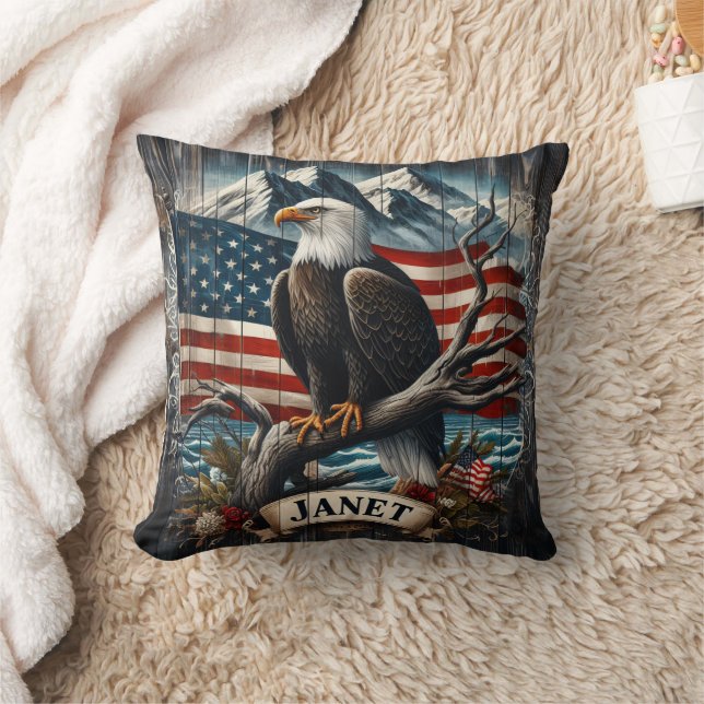 Eagle on Branch With Flag Throw Pillow (Blanket)