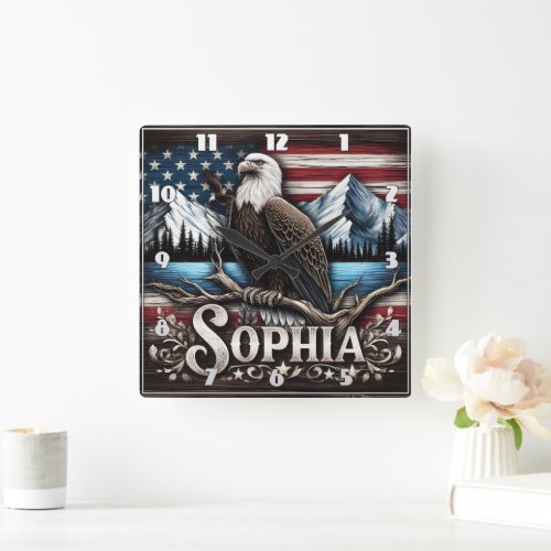 Eagle on Branch With Mountains  Flag Square Wall Clock