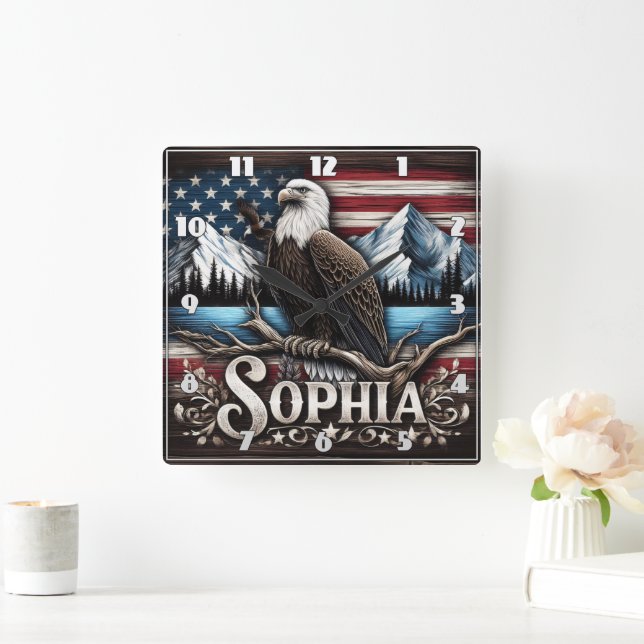 Eagle on Branch With Mountains & Flag Square Wall Clock (Home)