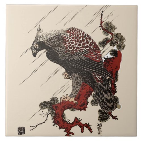 EAGLE ON THE PINE BRANCH IN THE RAIN Ukiyoe Ceramic Tile