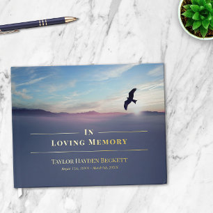 Eagle Over Mountains Blue Memorial Funeral Gold Foil Guest Book